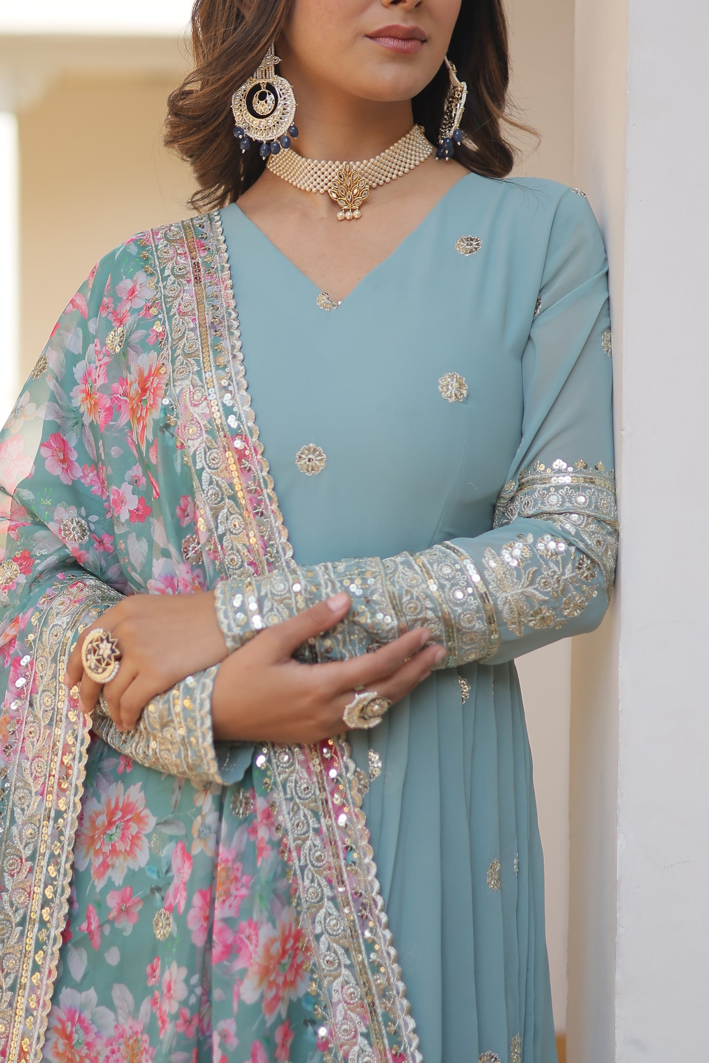 SKY FAUX GEORGETTE WITH EMBROIDERY ZARI SEQUINS-WORK GOWN