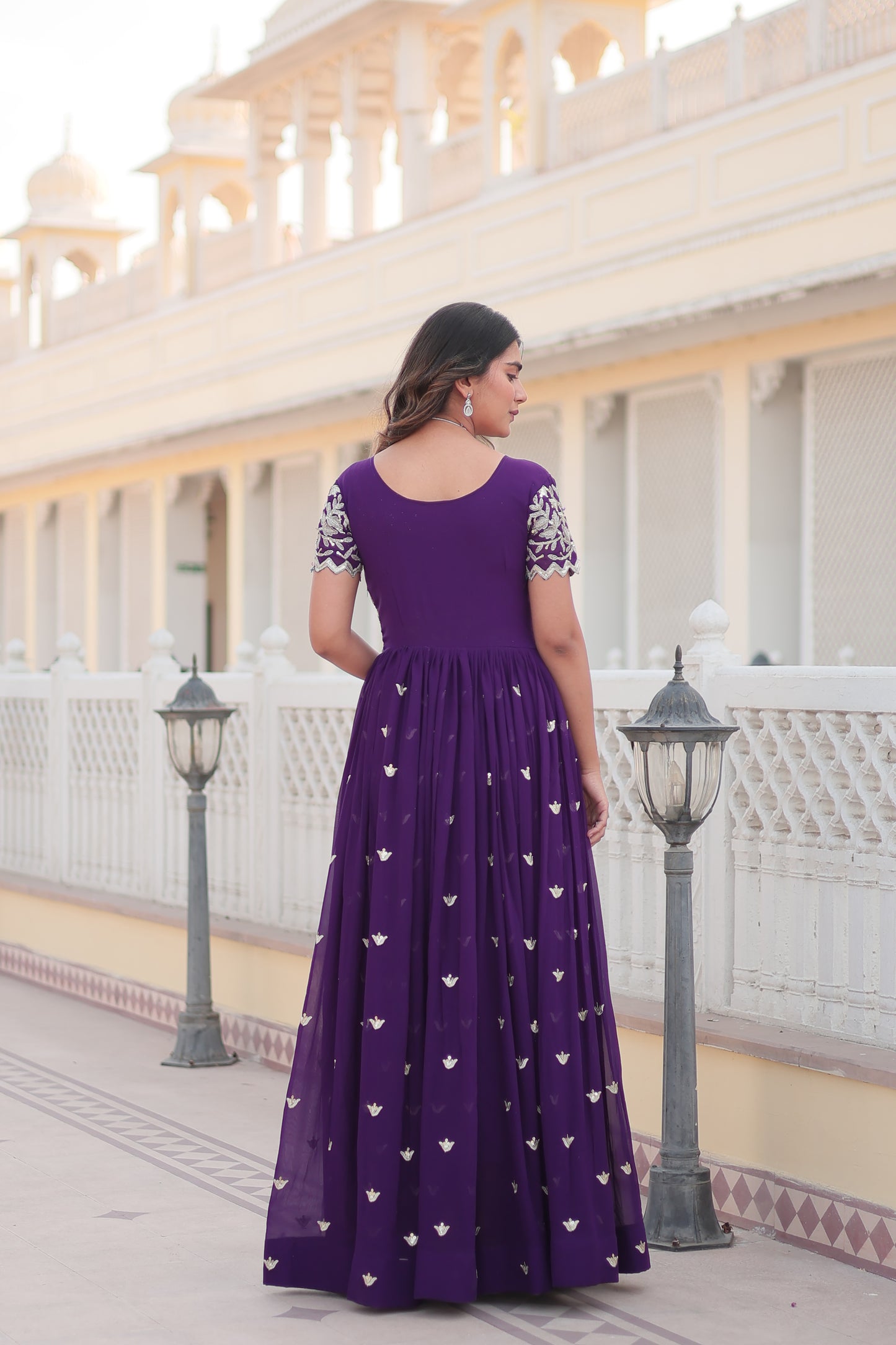 PURPLE FAUX BLOOMING WITH CODING SEQUINS EMBROIDERED WORK GOWN