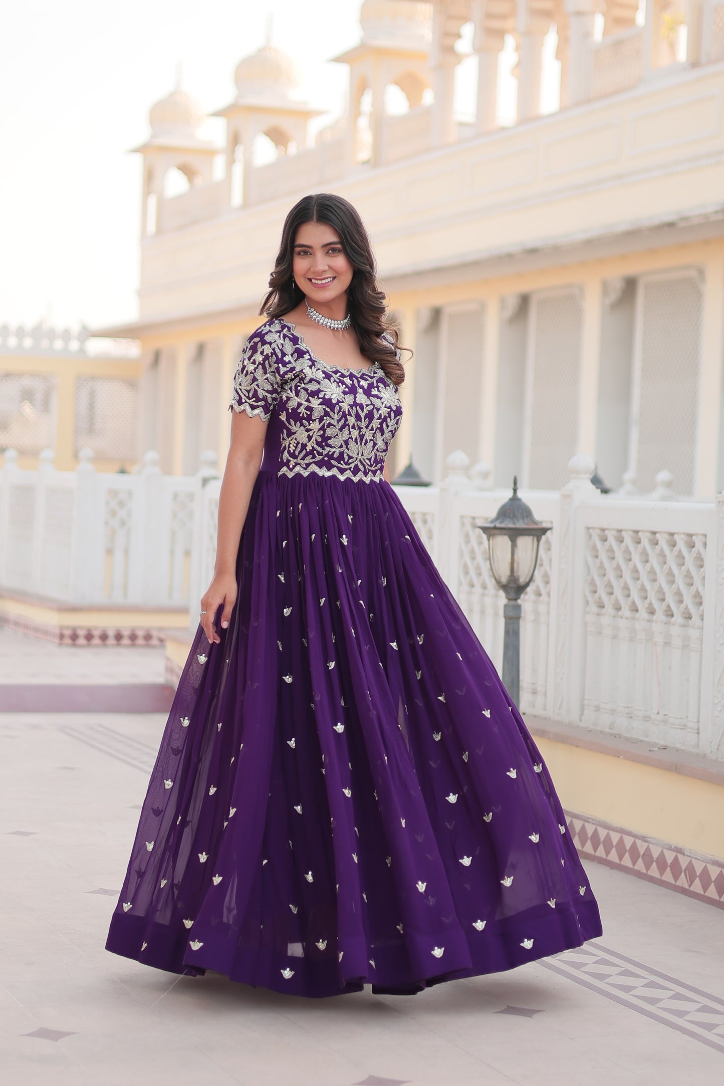 PURPLE FAUX BLOOMING WITH CODING SEQUINS EMBROIDERED WORK GOWN