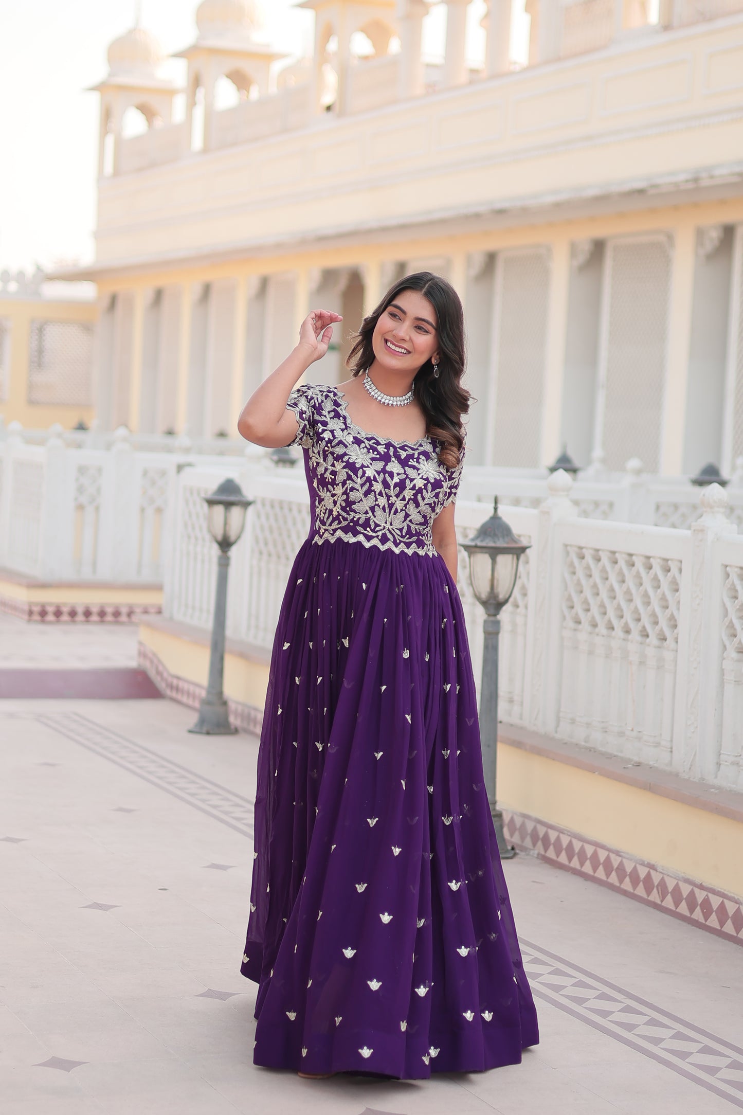 PURPLE FAUX BLOOMING WITH CODING SEQUINS EMBROIDERED WORK GOWN