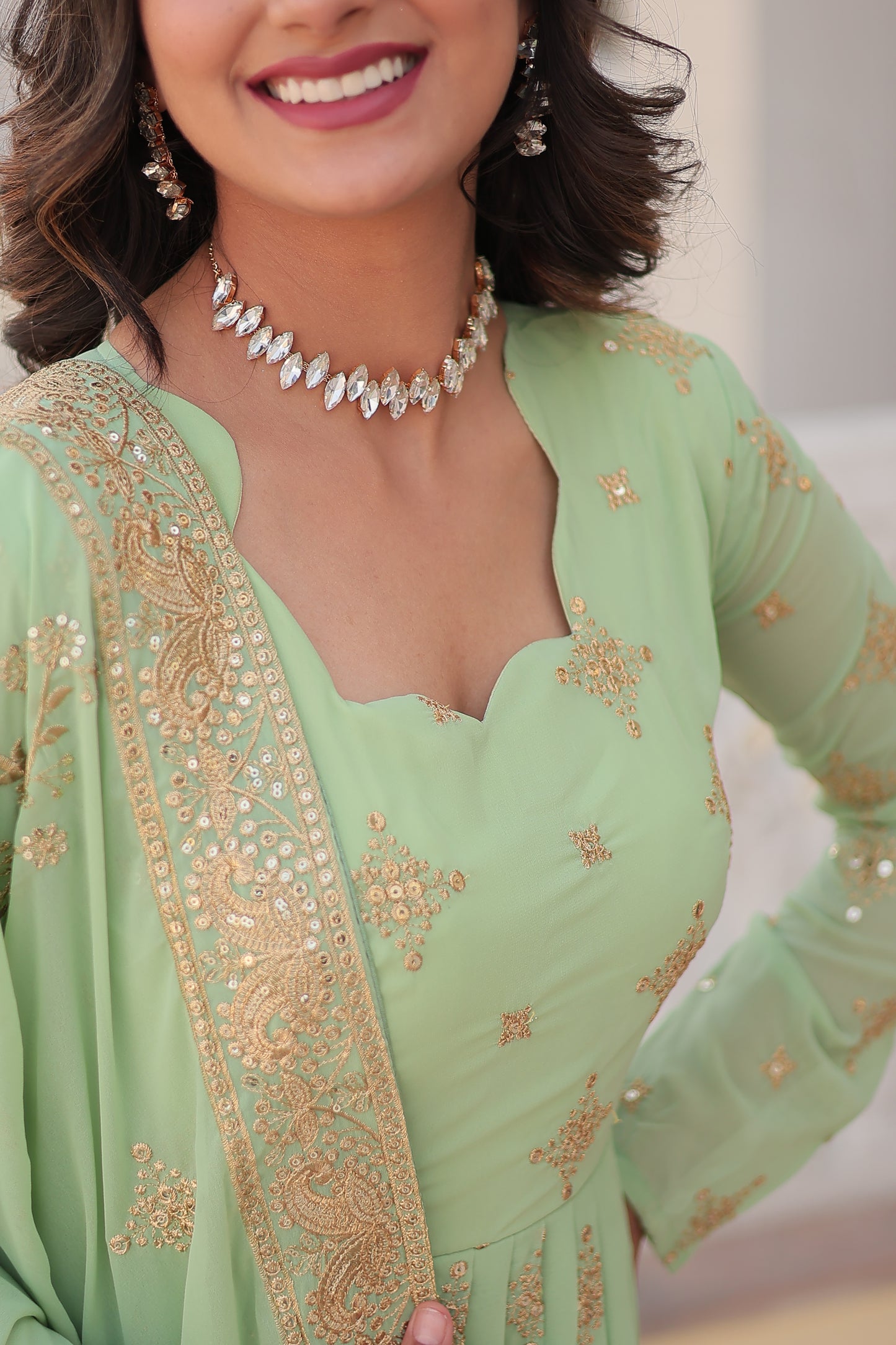 PISTA FAUX GEORGETTE WITH ZARI & SEQUINS EMBROIDERY GOWN