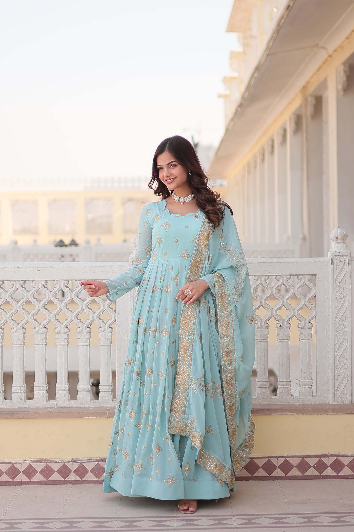 SKY FAUX GEORGETTE WITH ZARI & SEQUINS EMBROIDERY GOWN