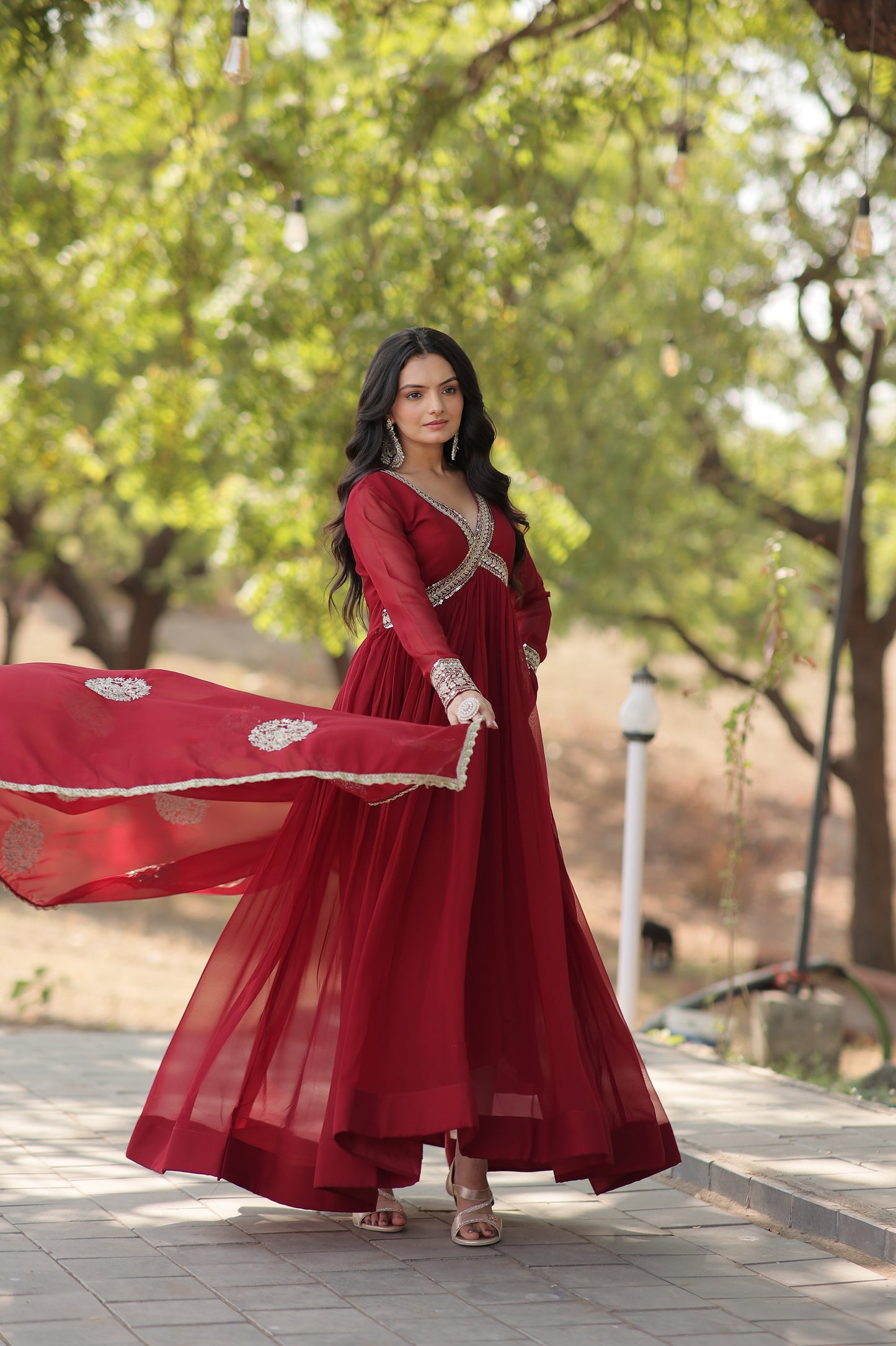 RED FAUX BLOOMING WITH  EMBROIDERY ZARI SEQUINS-WORK GOWN