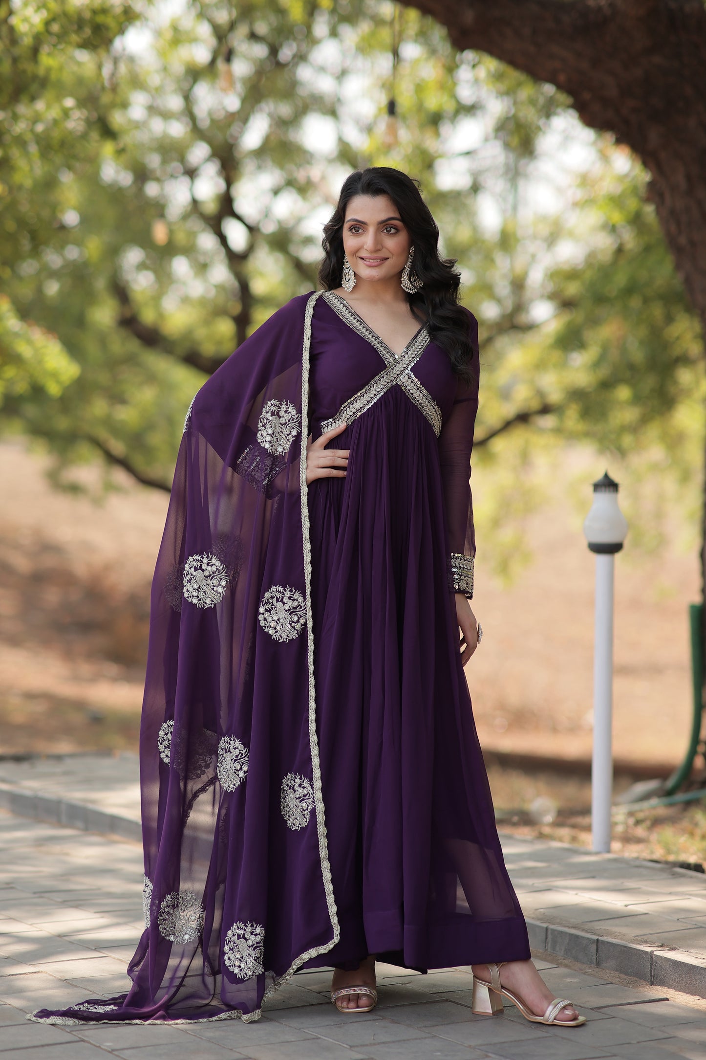 PURPLE FAUX BLOOMING WITH  EMBROIDERY ZARI SEQUINS-WORK GOWN