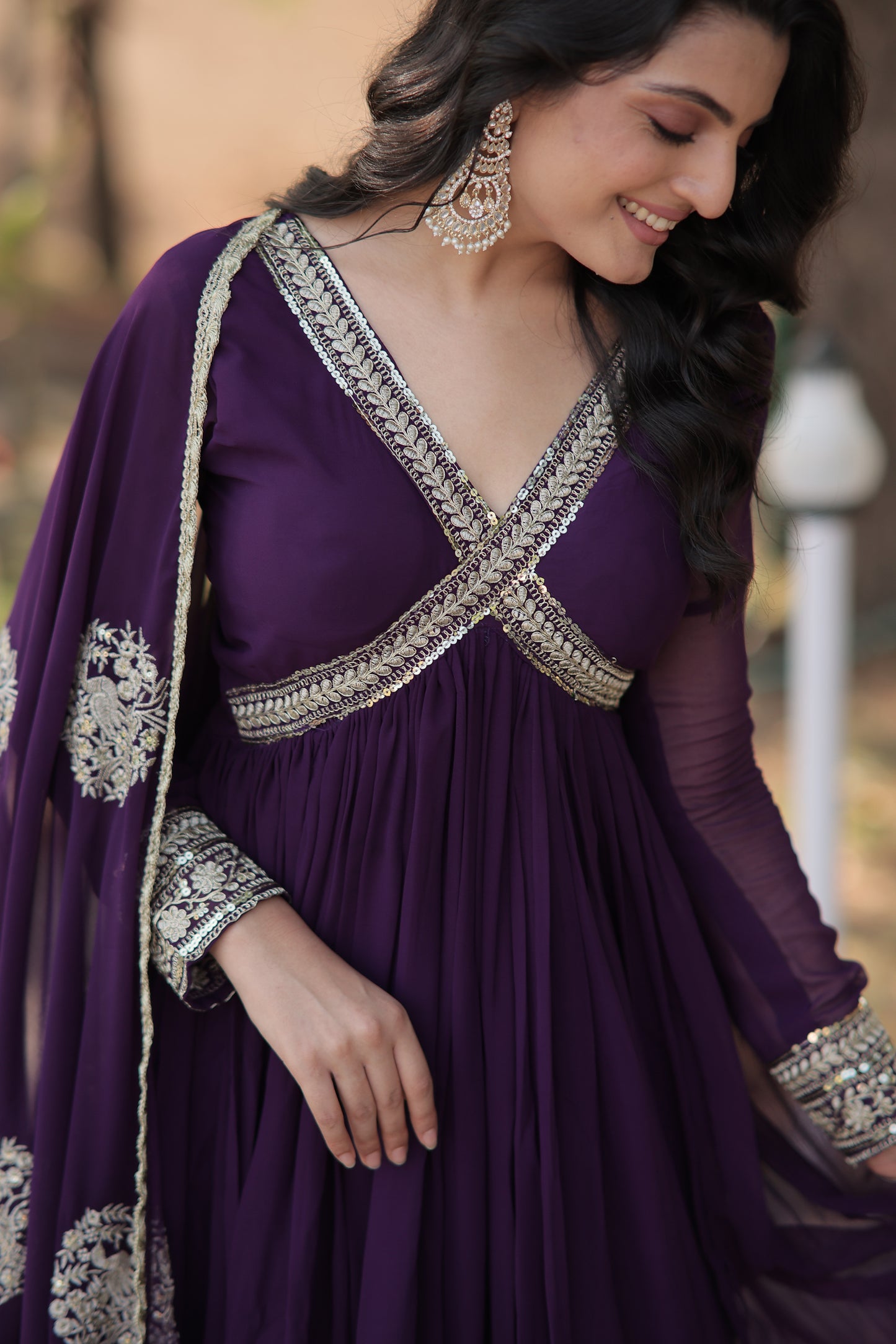 PURPLE FAUX BLOOMING WITH  EMBROIDERY ZARI SEQUINS-WORK GOWN