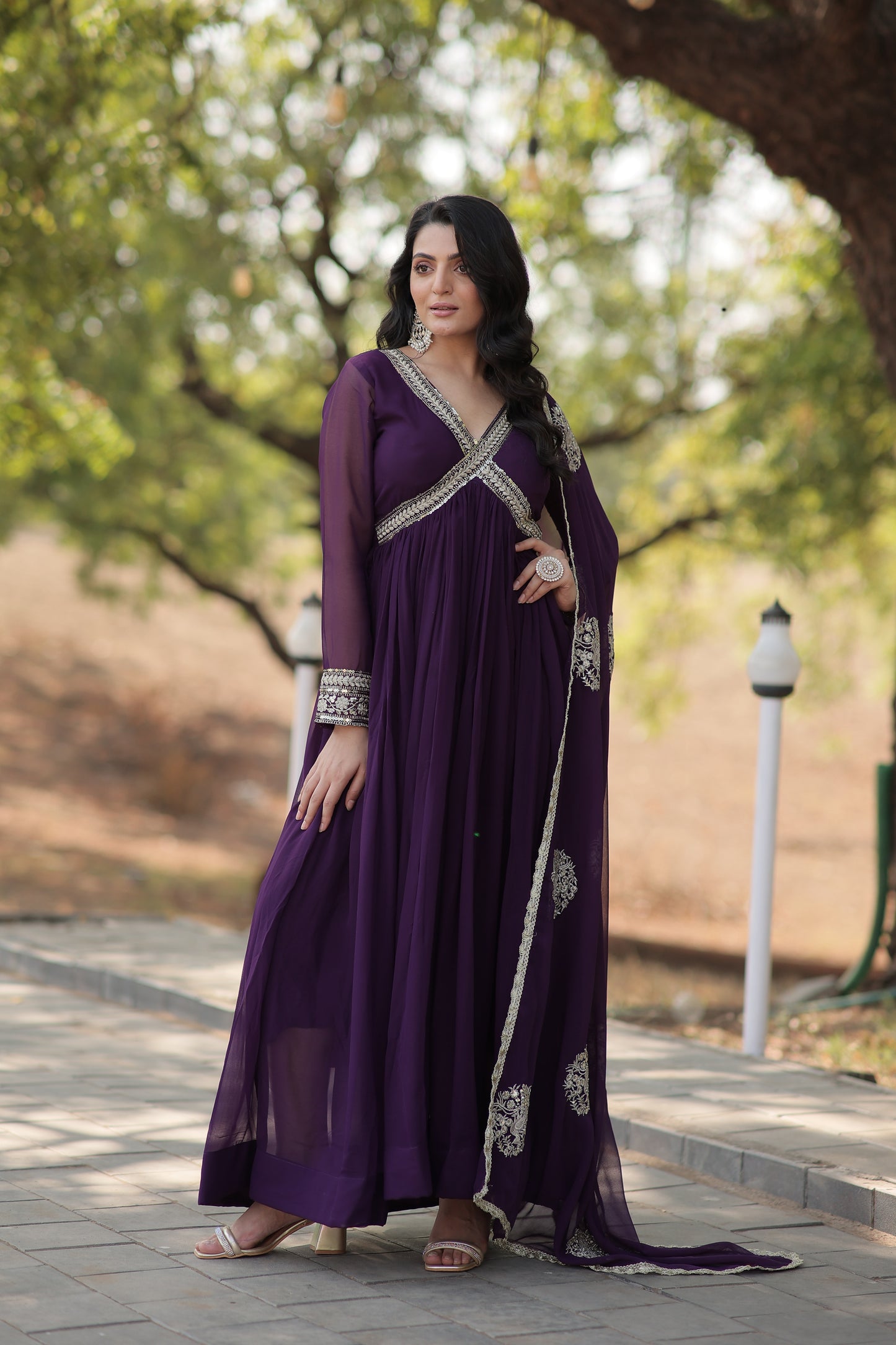 PURPLE FAUX BLOOMING WITH  EMBROIDERY ZARI SEQUINS-WORK GOWN