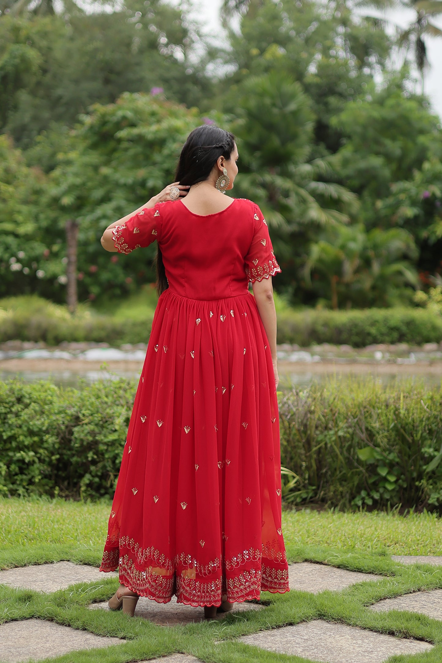 RED FAUX BLOOMING WITH EMBROIDERY ZARI SEQUINS-WORK GOWN