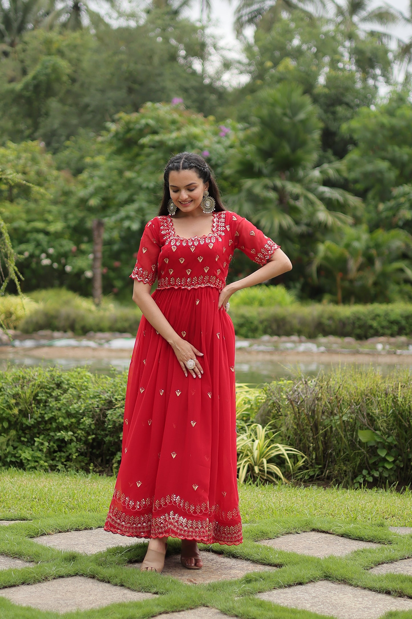 RED FAUX BLOOMING WITH EMBROIDERY ZARI SEQUINS-WORK GOWN