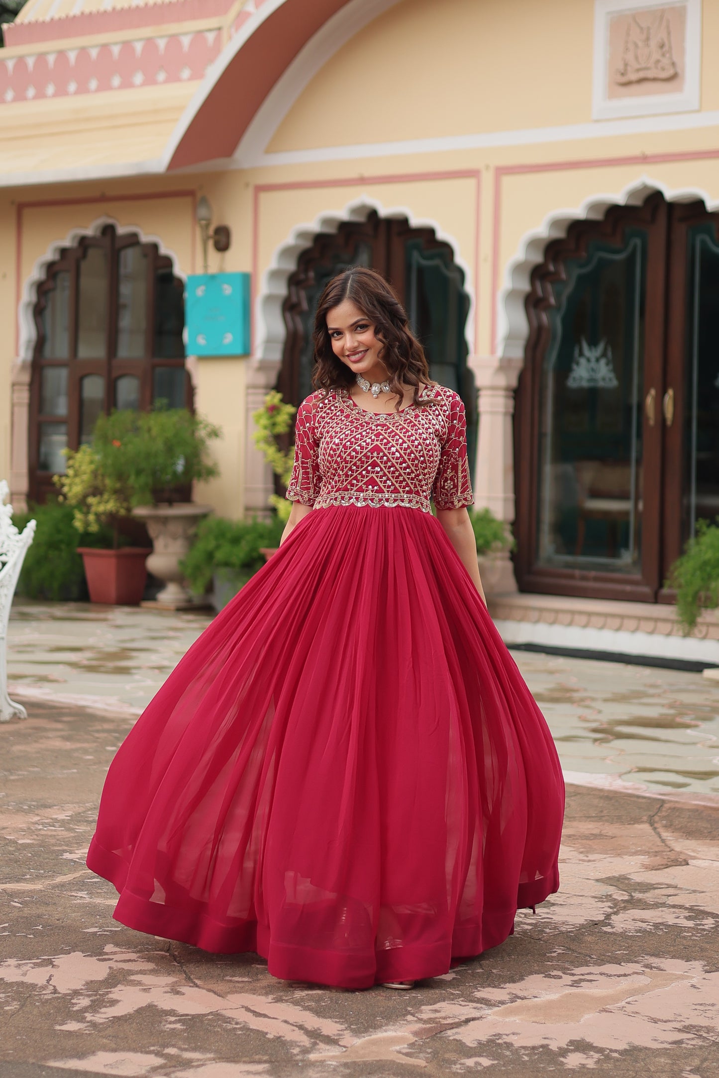 PINK FAUX BLOOMING WITH EMBROIDERY ZARI SEQUINS-WORK GOWN