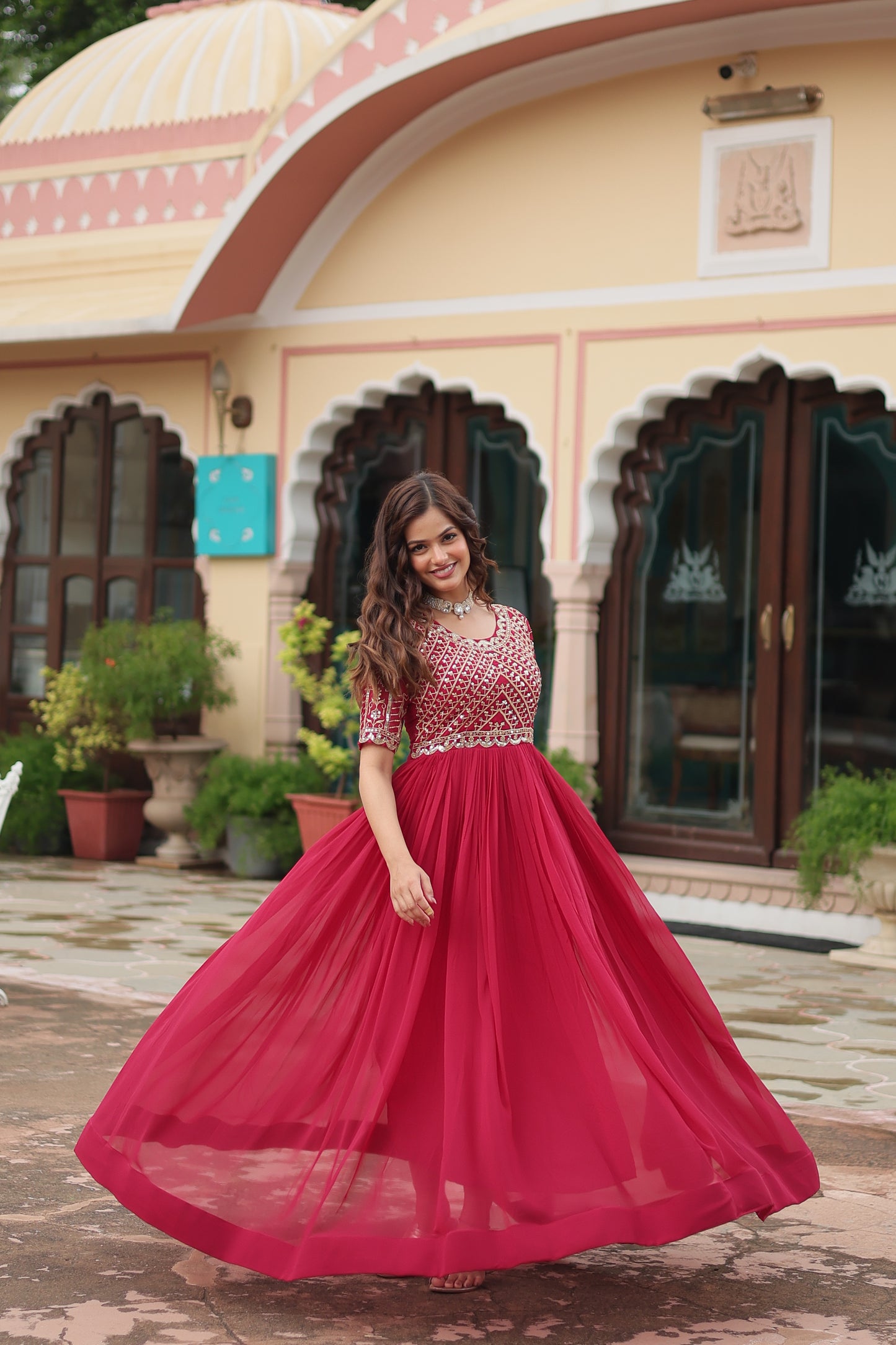 PINK FAUX BLOOMING WITH EMBROIDERY ZARI SEQUINS-WORK GOWN