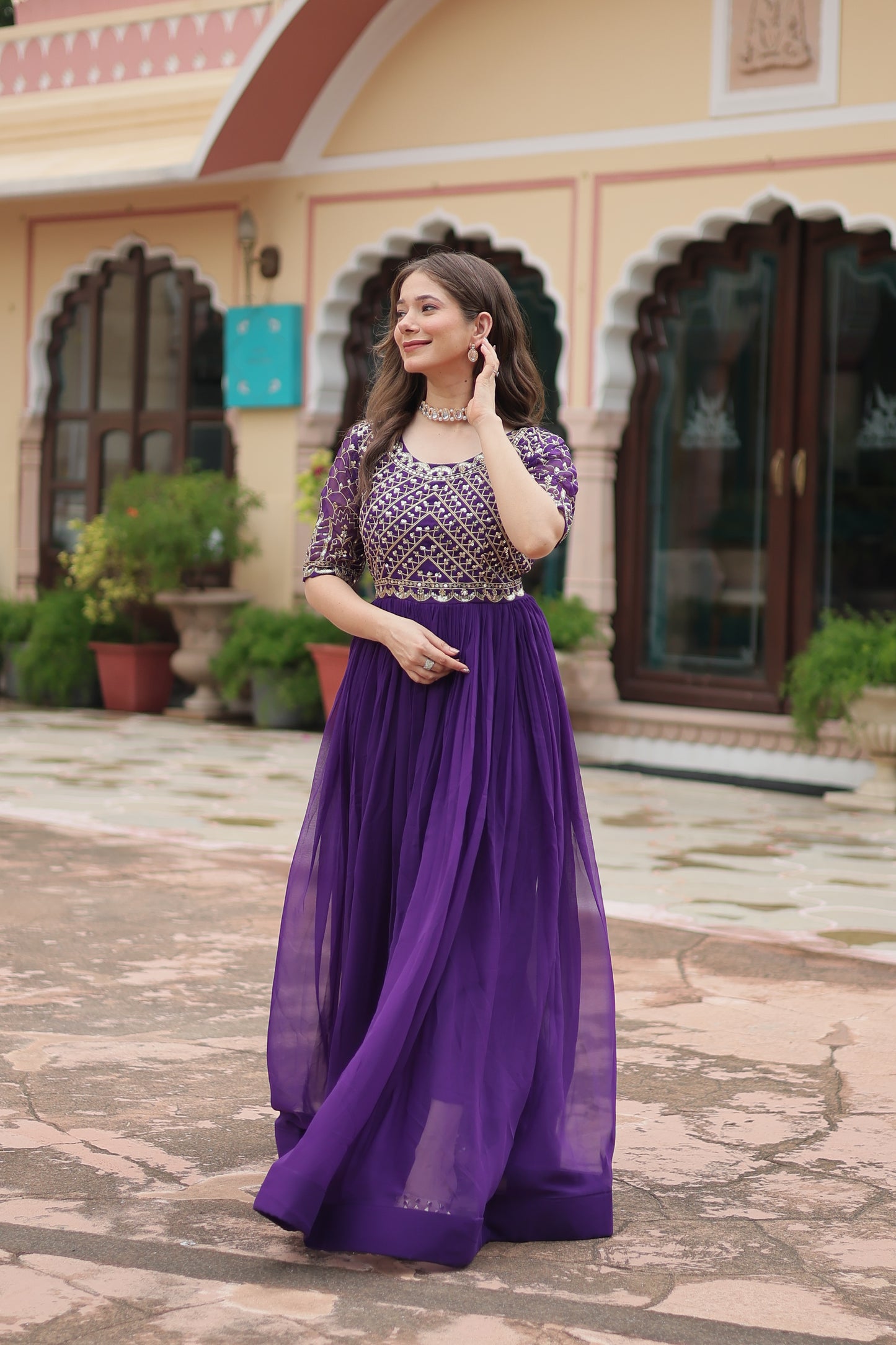 PURPLE FAUX BLOOMING WITH EMBROIDERY ZARI SEQUINS-WORK GOWN