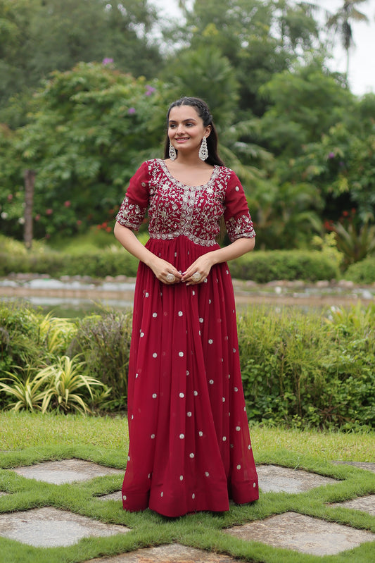 MAROON FAUX BLOOMING WITH EMBROIDERY ZARI SEQUINS-WORK GOWN