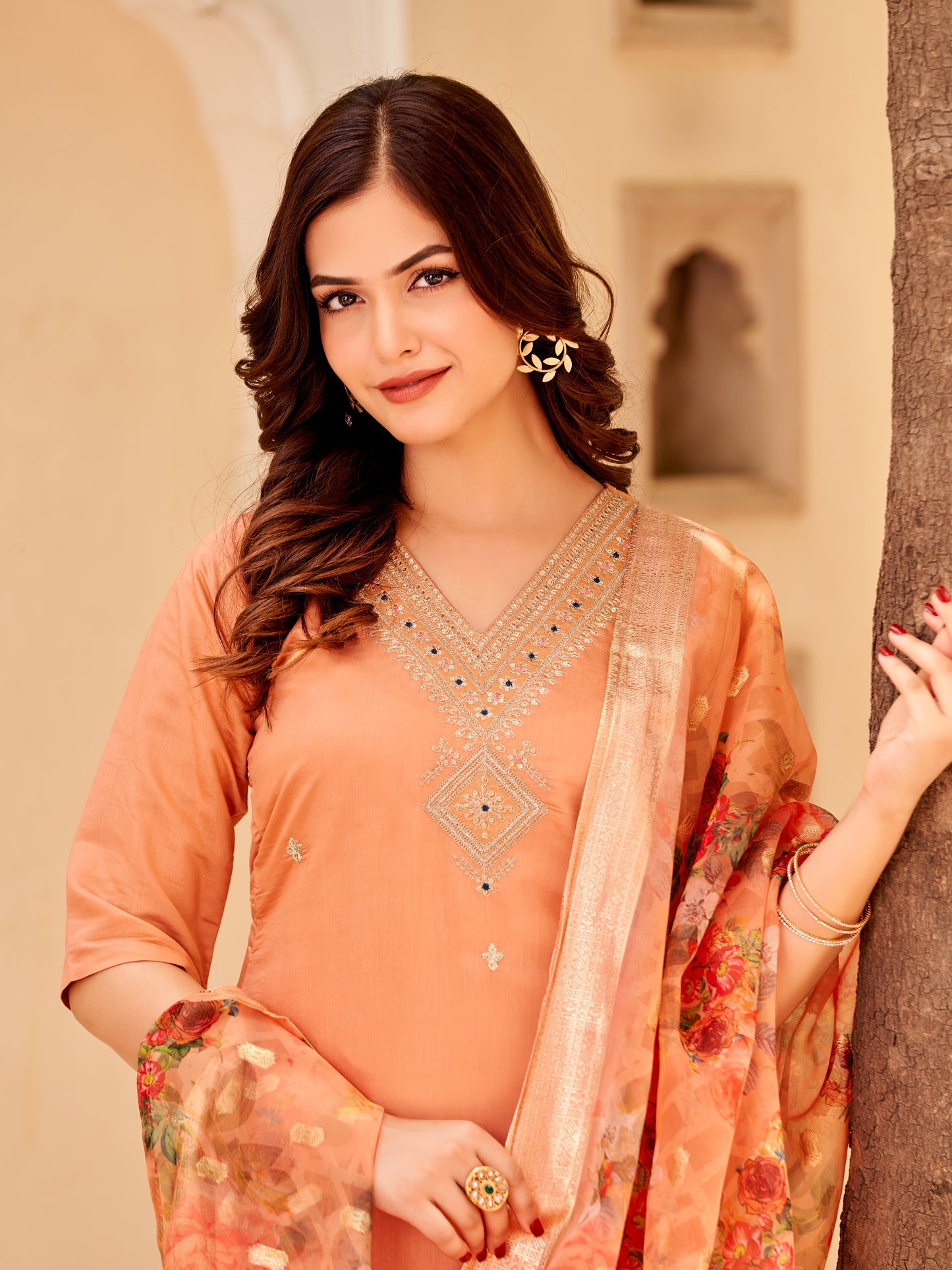 ORANGE WITH EMBROIDERY DESIGNER KURTA SET