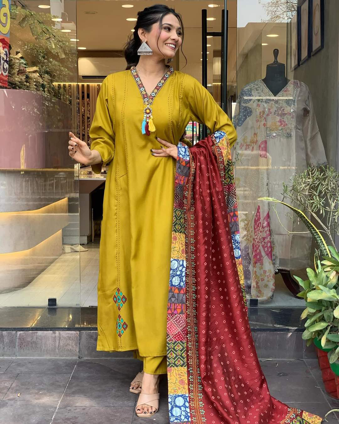 Musterd Yellow Embroidery Kurta Set