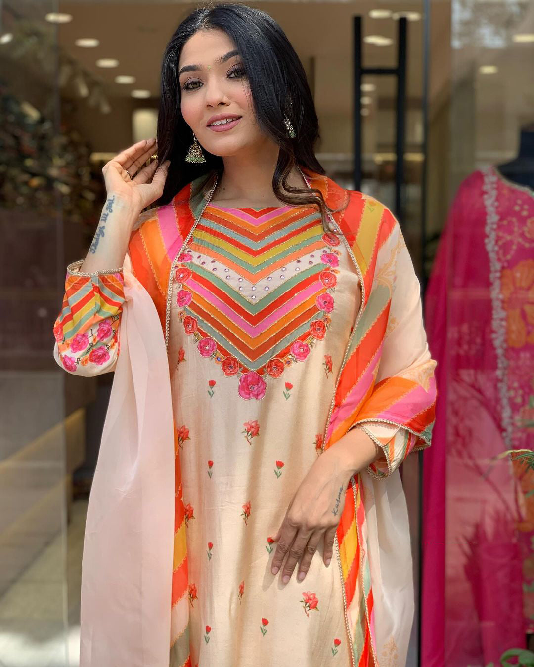 CREAM COLOURFUL KURTA SET