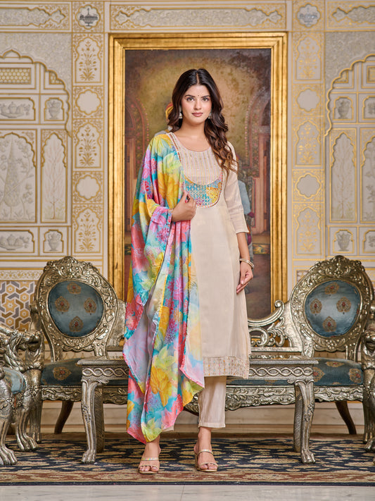 CREAM BASIC KURTA PANT DUPATTA SET