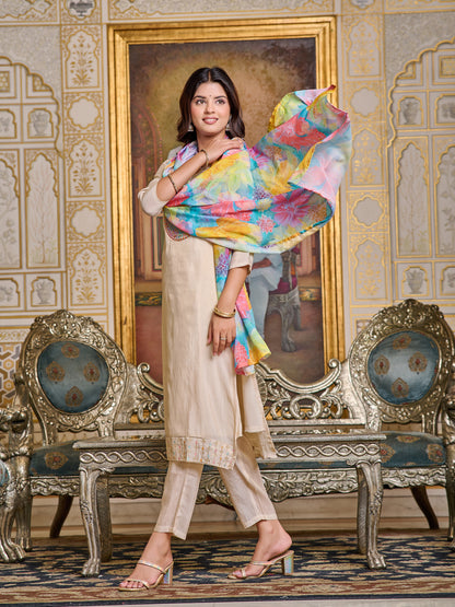 CREAM BASIC KURTA PANT DUPATTA SET