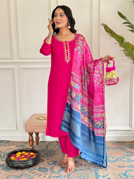 GAJRI VISCOSE EMBROIDERED KURTA PANT DUPATTA SET