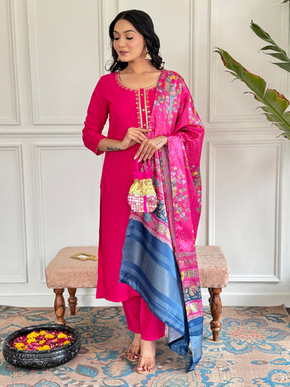 GAJRI VISCOSE EMBROIDERED KURTA PANT DUPATTA SET
