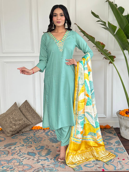 FIROJI VISCOSE EMBROIDERED KURTA PANT DUPATTA SET