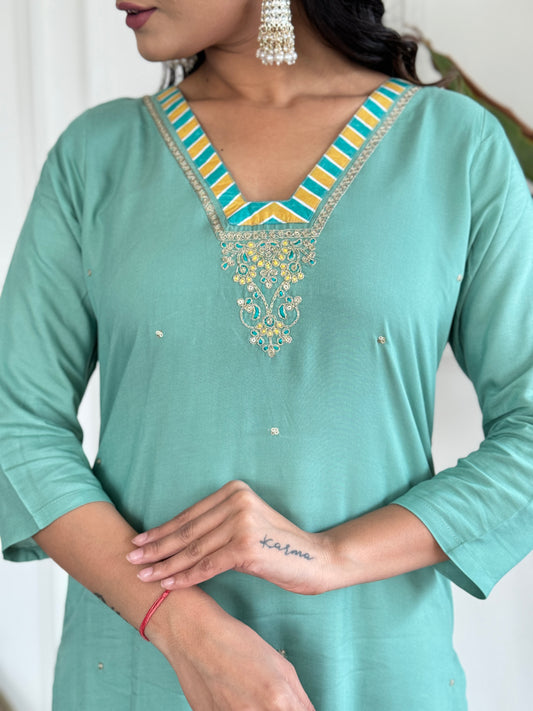 FIROJI VISCOSE EMBROIDERED KURTA PANT DUPATTA SET