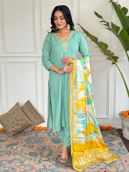FIROJI VISCOSE EMBROIDERED KURTA PANT DUPATTA SET