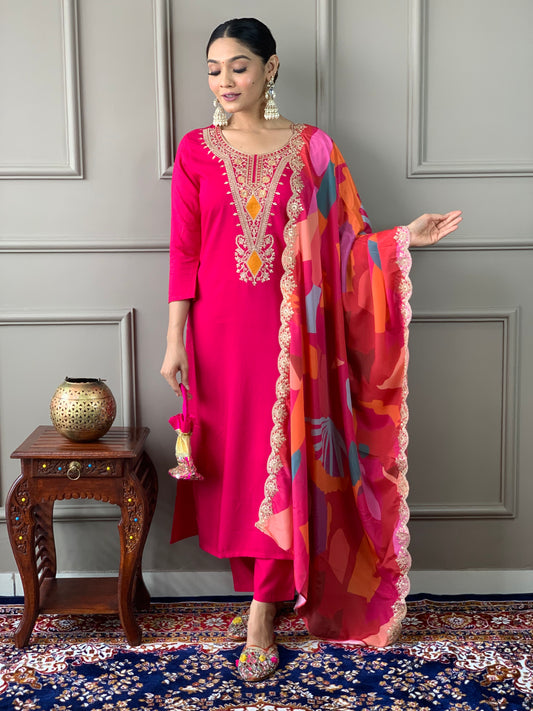 Magenta Red Embroidery Kurta Set