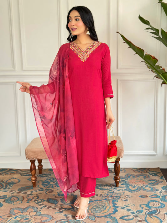RED RAYON EMBROIDERED KURTA PANT DUPATTA SET