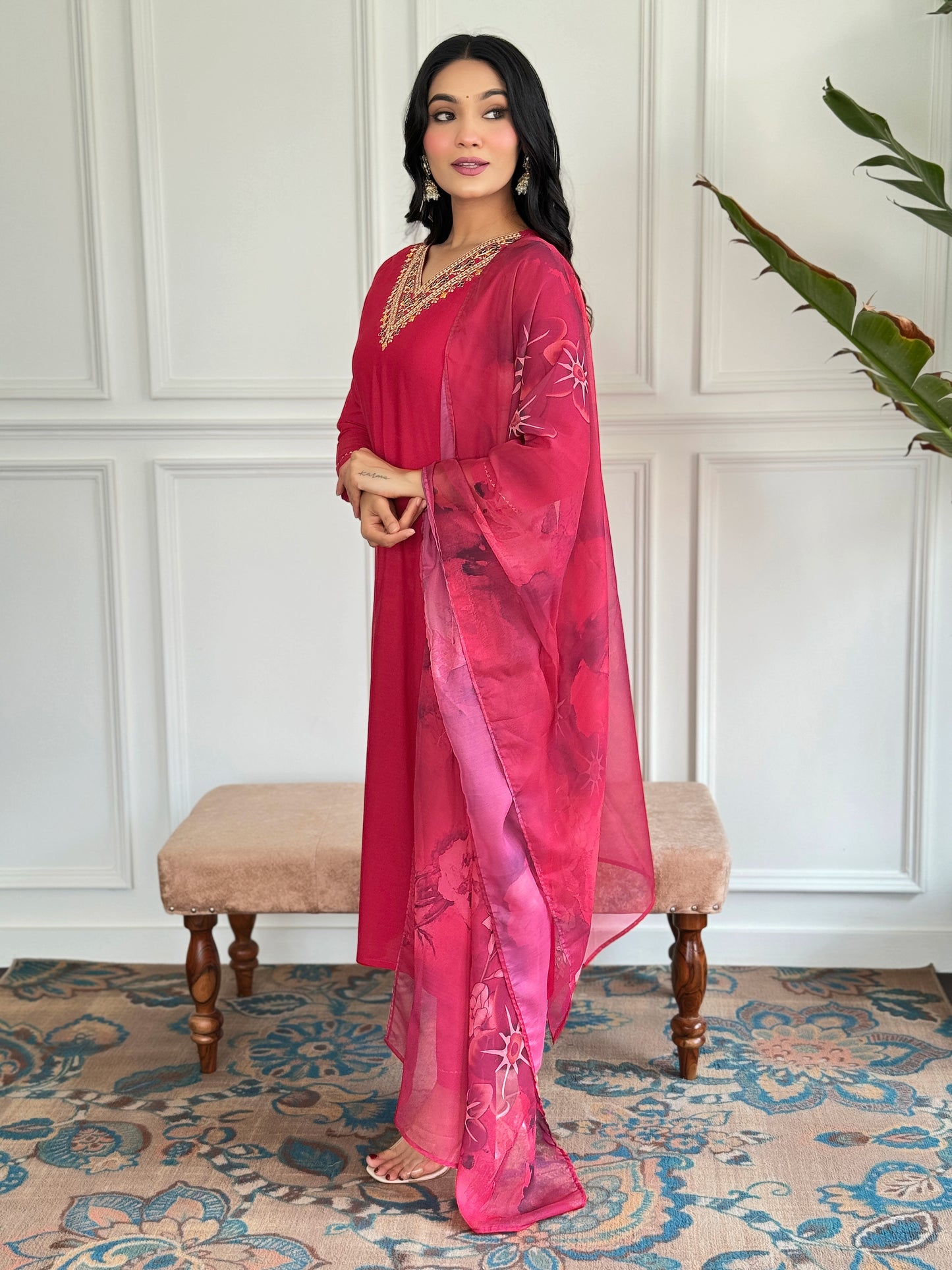 RED RAYON EMBROIDERED KURTA PANT DUPATTA SET