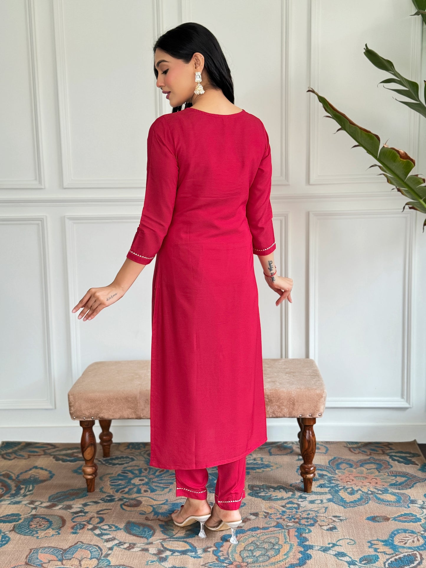 RED RAYON EMBROIDERED KURTA PANT DUPATTA SET