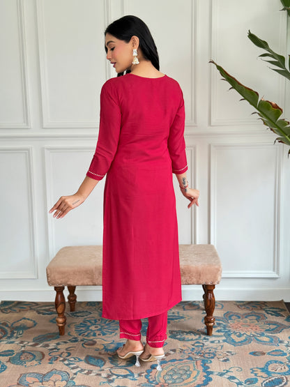 RED RAYON EMBROIDERED KURTA PANT DUPATTA SET