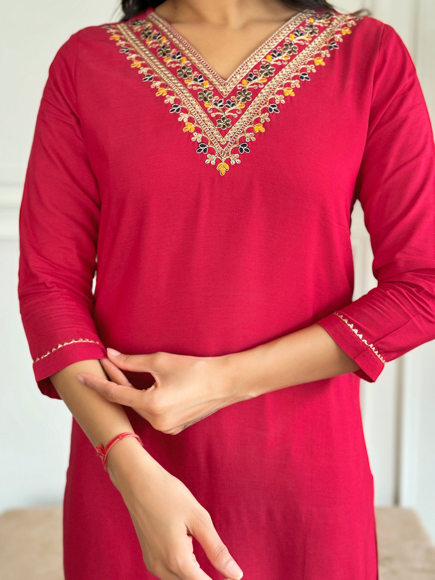 RED RAYON EMBROIDERED KURTA PANT DUPATTA SET