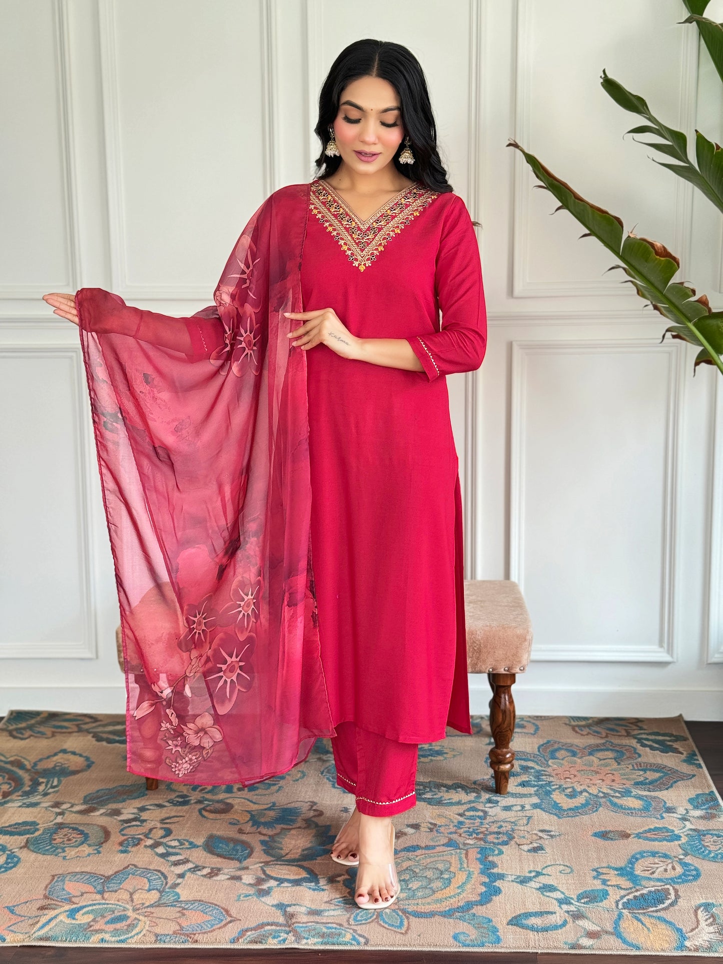 RED RAYON EMBROIDERED KURTA PANT DUPATTA SET