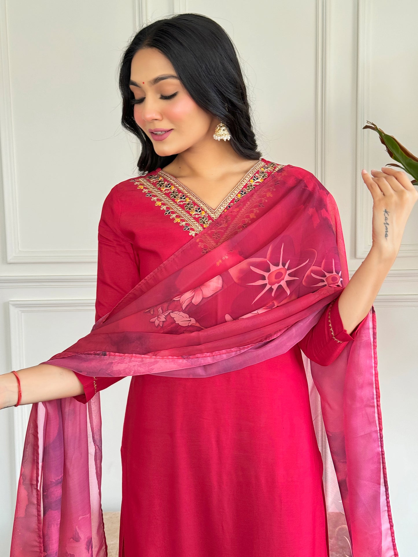 RED RAYON EMBROIDERED KURTA PANT DUPATTA SET