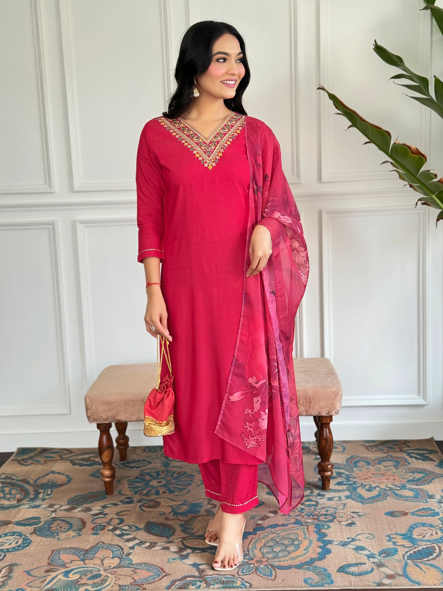 RED RAYON EMBROIDERED KURTA PANT DUPATTA SET