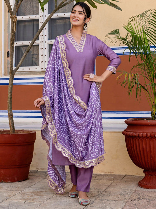 LAVENDER VISCOSE SILK EMBROIDERED SET