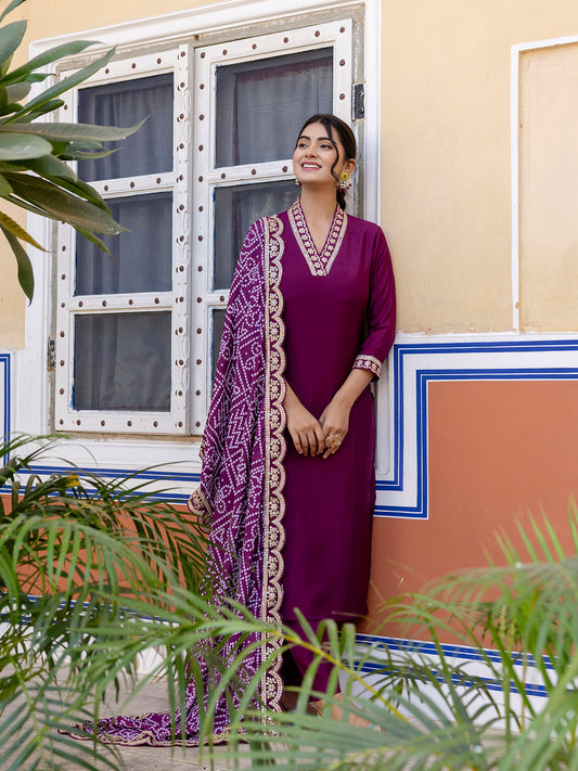 MAROON VISCOSE SILK EMBROIDERED SET