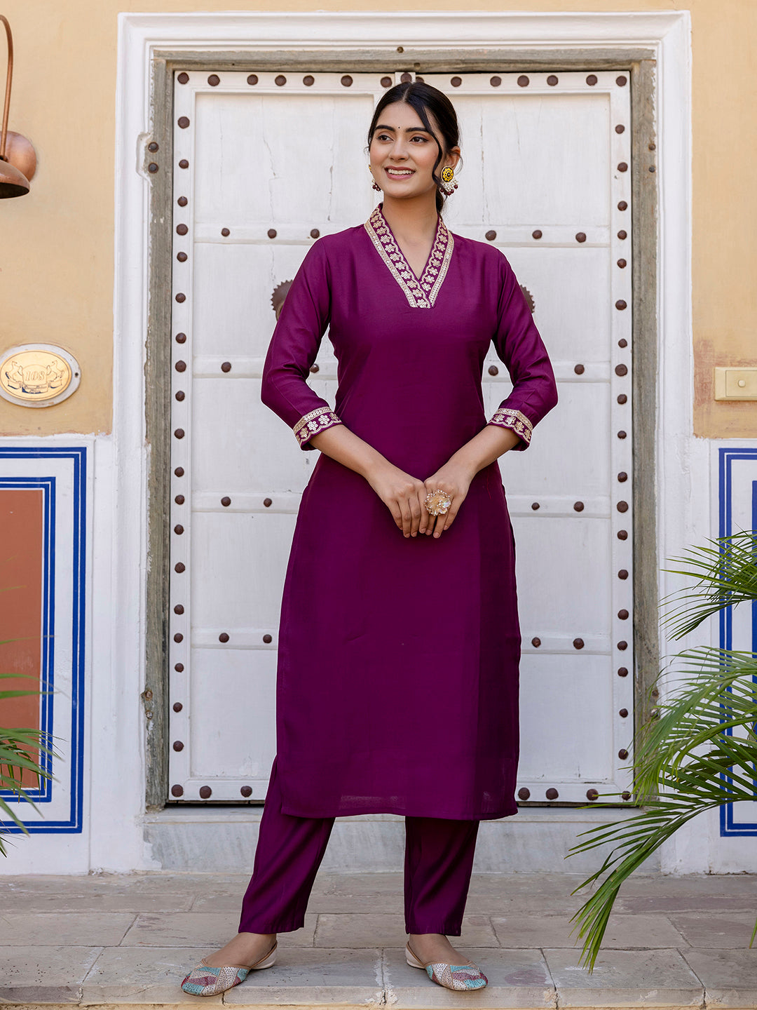 MAROON VISCOSE SILK EMBROIDERED SET