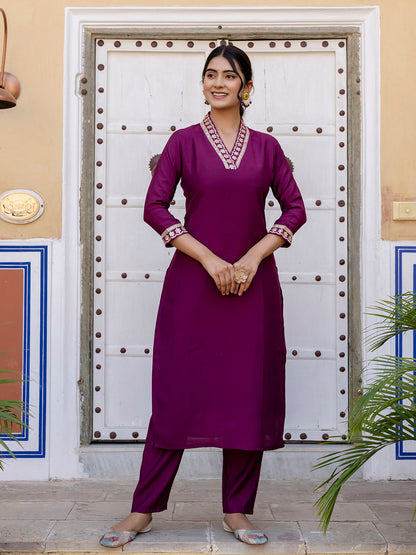 MAROON VISCOSE SILK EMBROIDERED SET