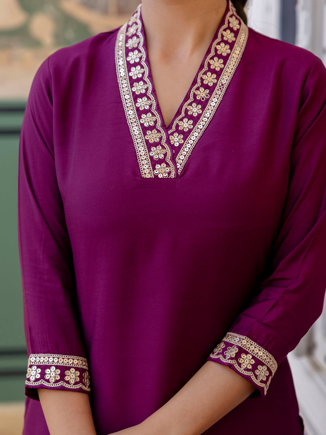 MAROON VISCOSE SILK EMBROIDERED SET