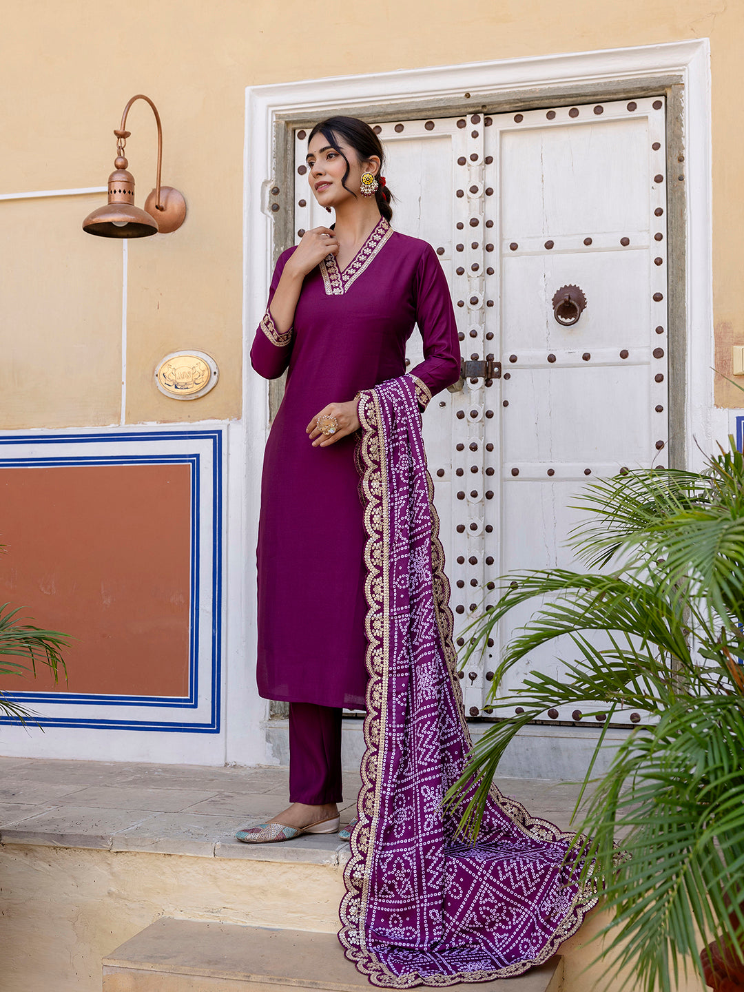 MAROON VISCOSE SILK EMBROIDERED SET