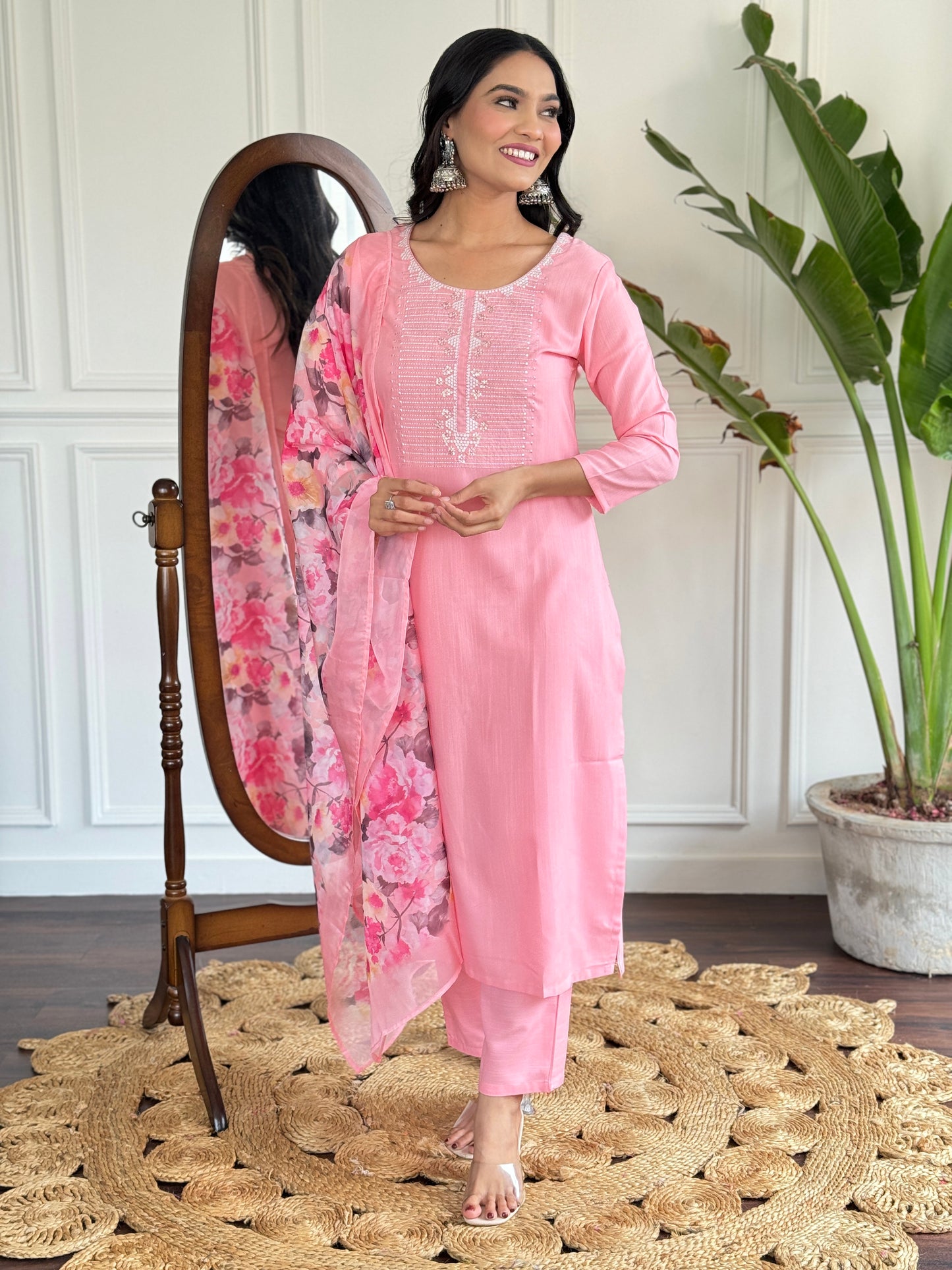 PINK RAYON SLUB EMBROIDERED KURTA PANT DUPATTA SET