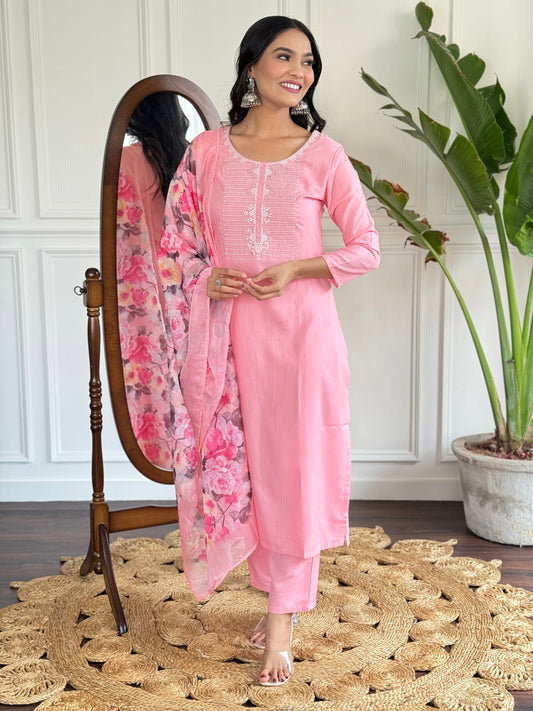 PINK RAYON SLUB EMBROIDERED KURTA PANT DUPATTA SET