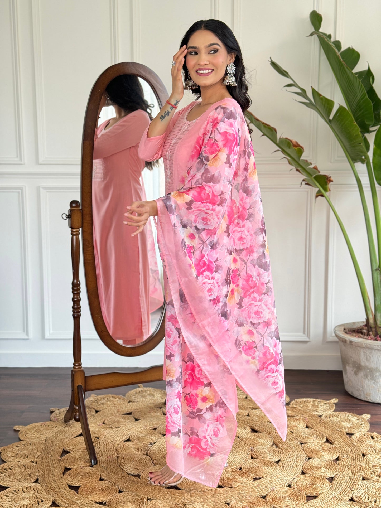 PINK RAYON SLUB EMBROIDERED KURTA PANT DUPATTA SET