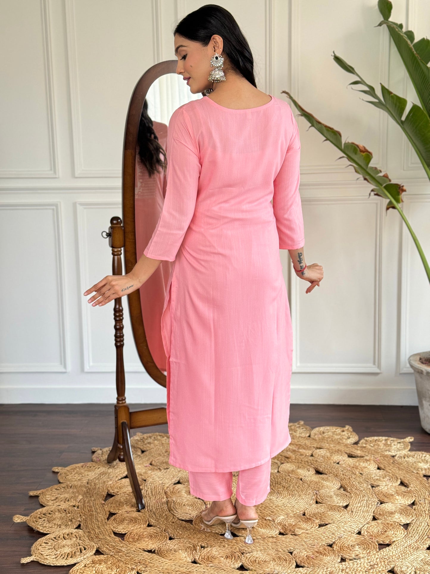 PINK RAYON SLUB EMBROIDERED KURTA PANT DUPATTA SET