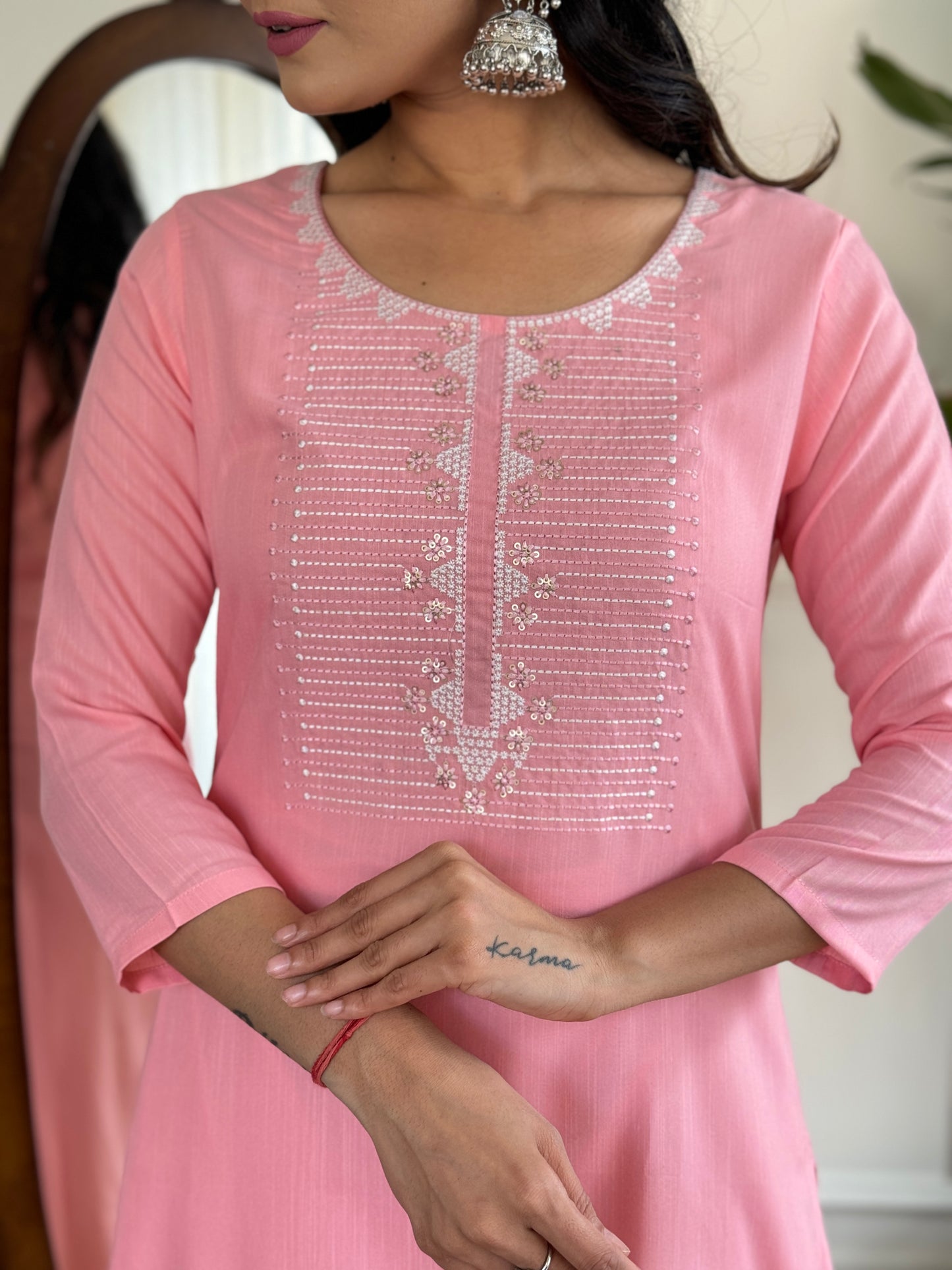 PINK RAYON SLUB EMBROIDERED KURTA PANT DUPATTA SET