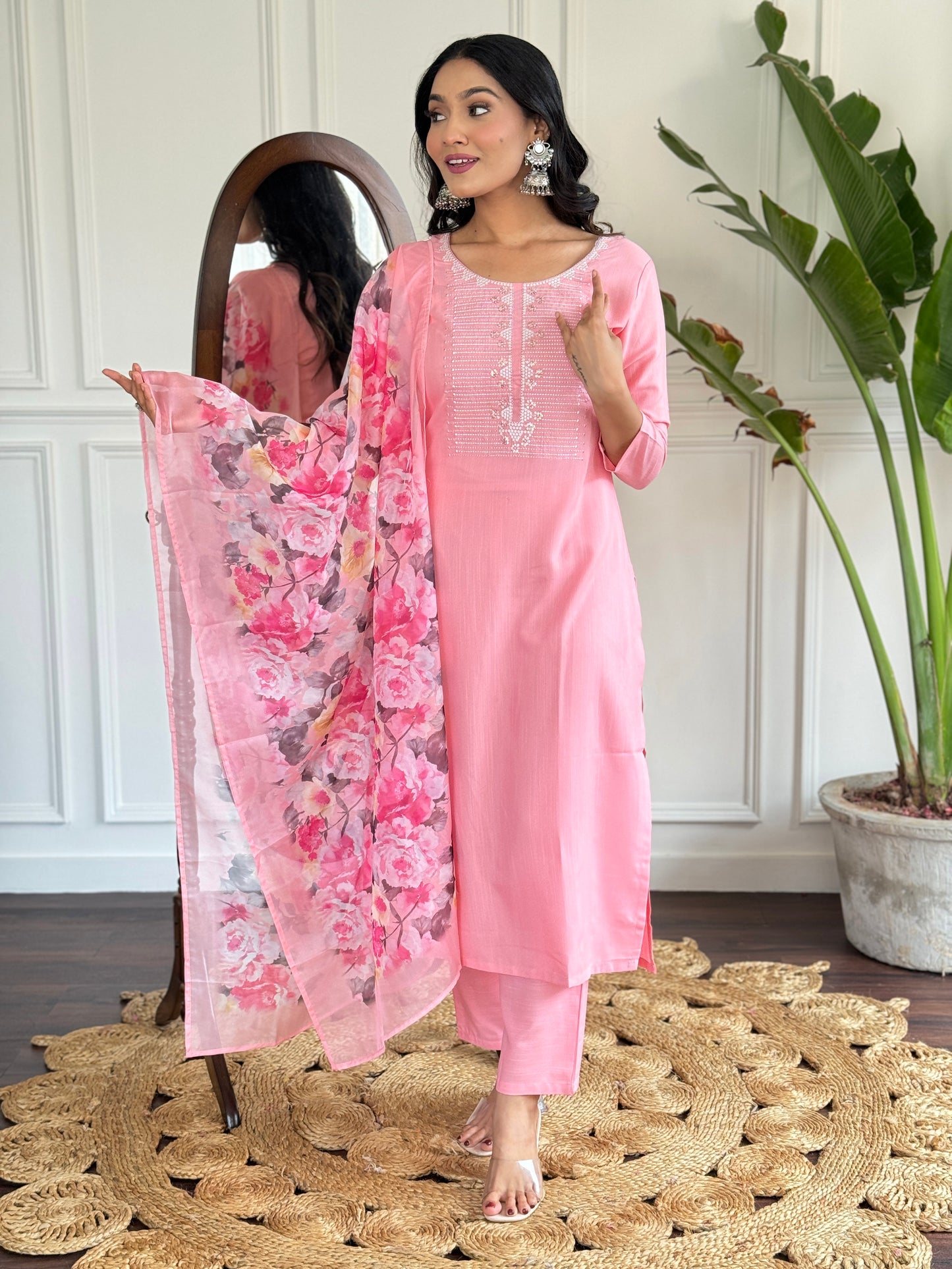PINK RAYON SLUB EMBROIDERED KURTA PANT DUPATTA SET