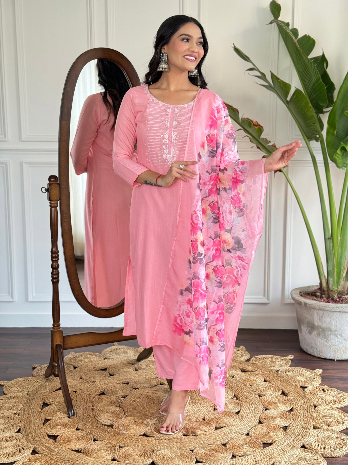 PINK RAYON SLUB EMBROIDERED KURTA PANT DUPATTA SET
