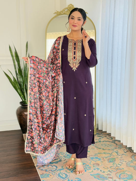 WINE RAYON EMBROIDERED KURTA PANT DUPATTA SET