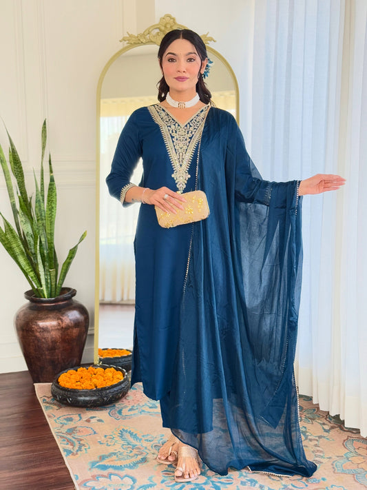 PETROL EMBROIDERED KURTA PANT SET WITH DUPATTA